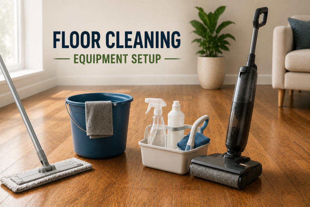 Floor cleaning tools setup in bright room