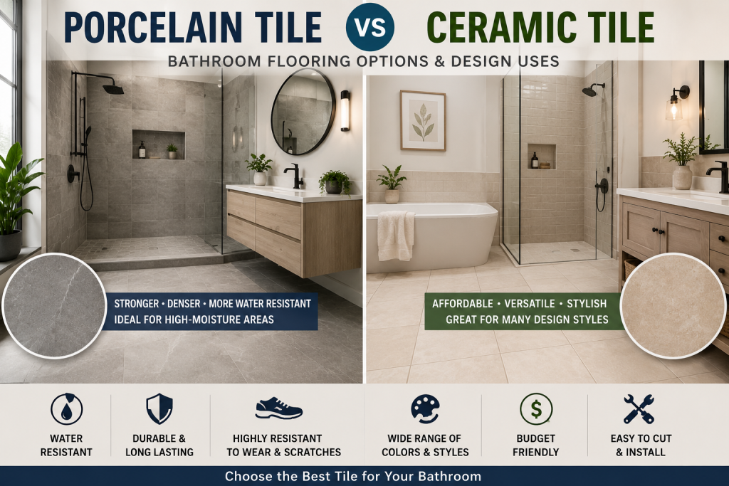 Porcelain vs Ceramic Tile Bathroom Flooring Tile Options and Design Uses