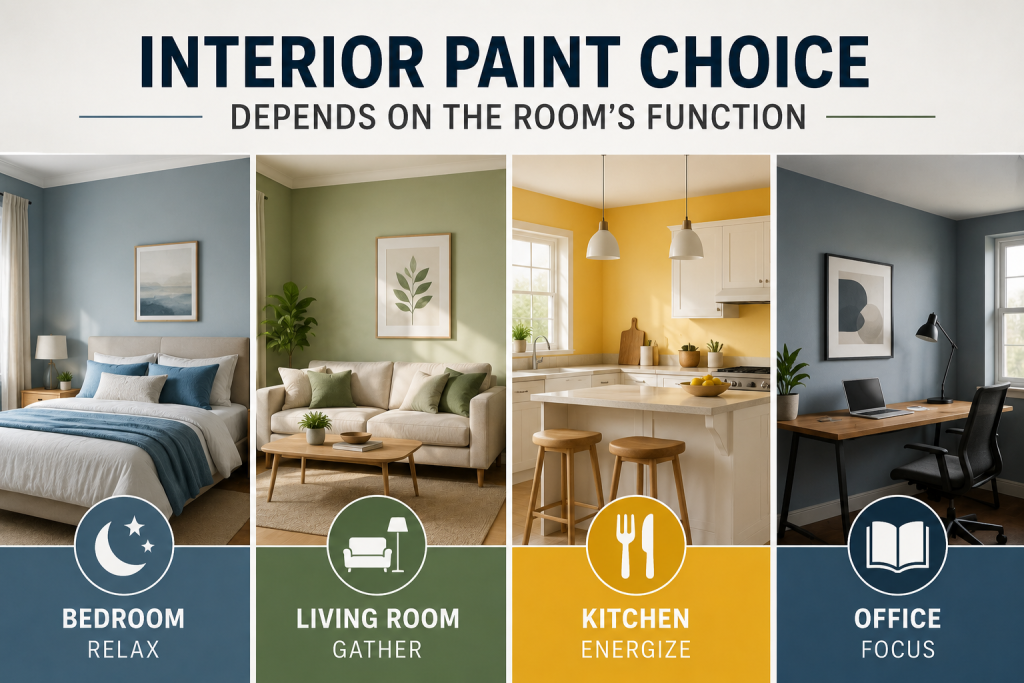 Interior paint choice depends on the room's function